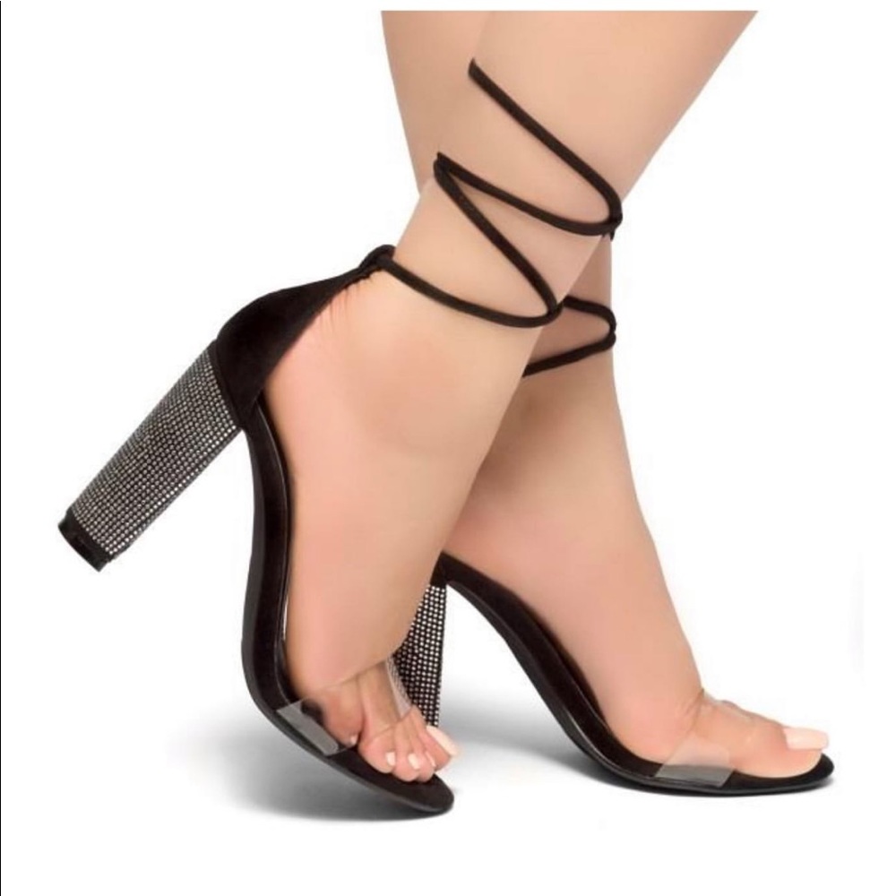 METALLIC RHINESTONE BLOCK HEELS BLACK SUEDE
